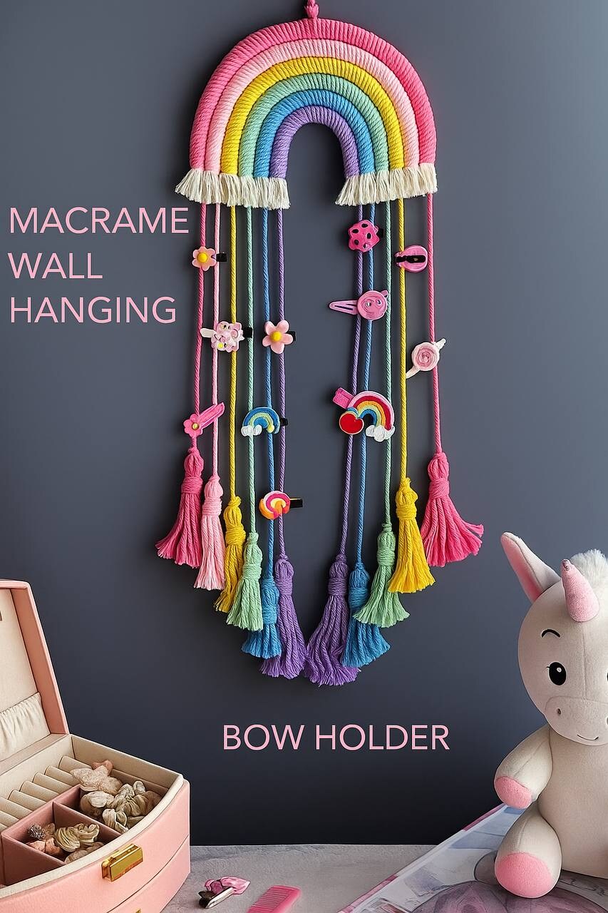 Macrame Rainbow Wall Hanging – Hair Bow Holder for Girls – Handwoven Cotton Nursery Decor – Pink Boho Tapestry for Baby Room or Kids Bedroom